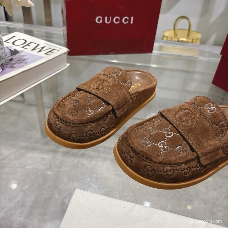 2025 Women Gucci Dark Brown Suede Mule Embossed GG LY00270