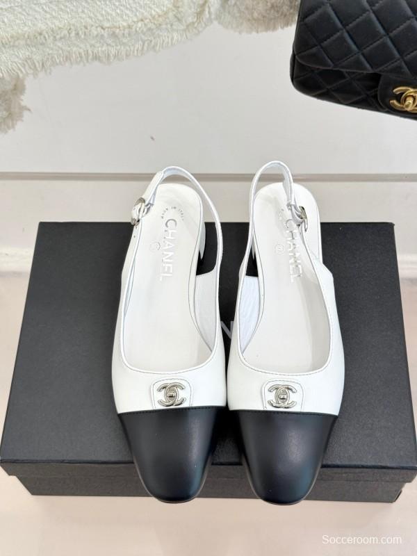 2025 Women Chanel White Black Leather Slingback Heels