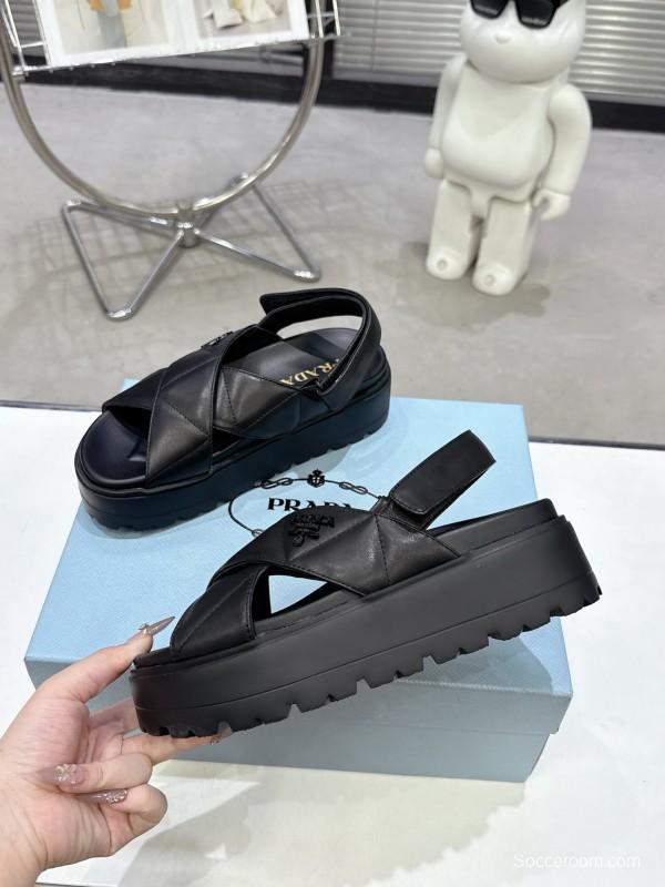 2025 Women Prada Black Leather Sandals