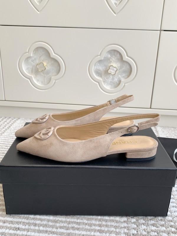 2025 Women Chanel Beige Suede Slingback Heart Logo KFY00300