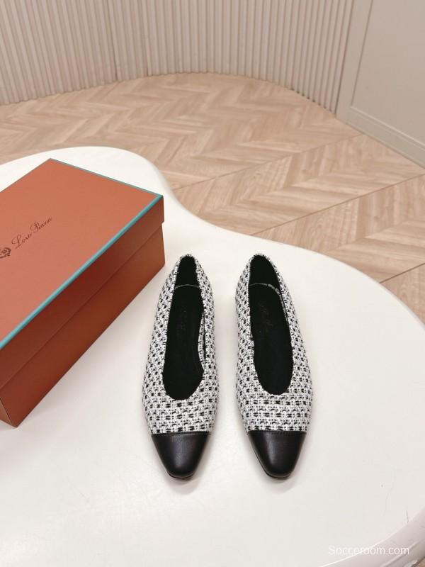 2025 Women Le Parmentier Black White Tweed Leather Pointed Toe Loafers