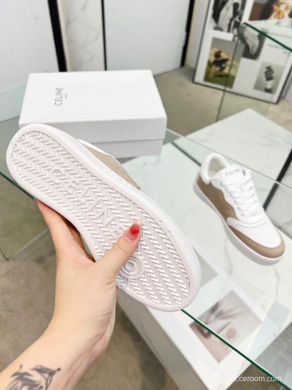 2025 Women Celine White Beige Leather Sneakers BLOCK TRIOMPHE KFY00260