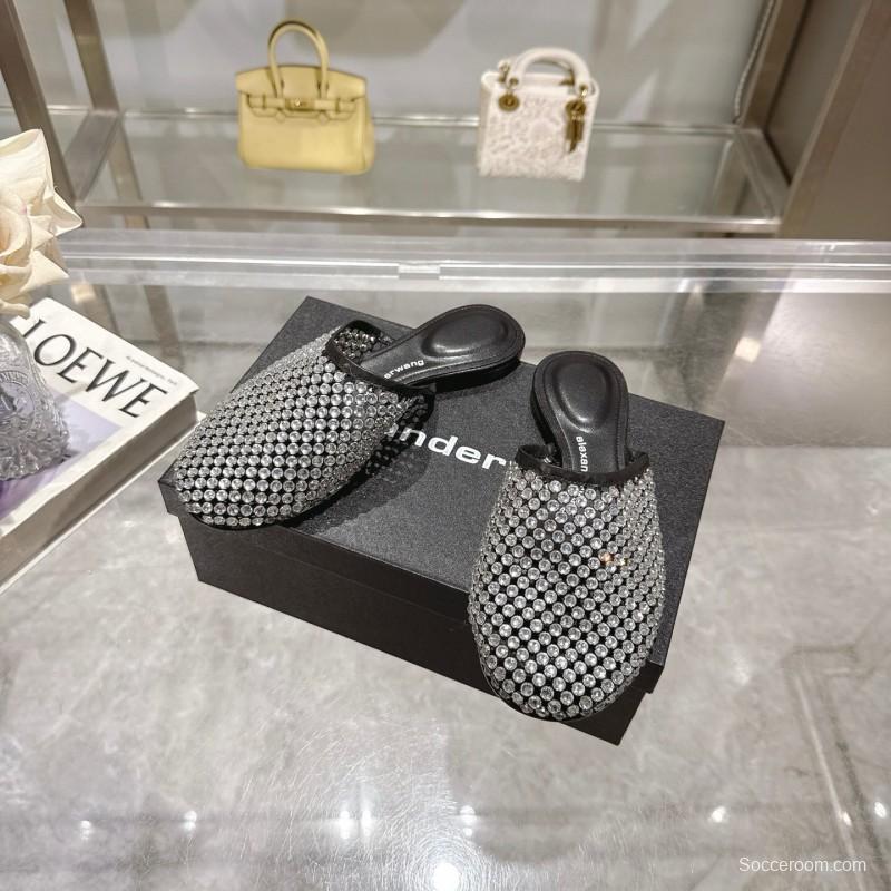 2025 Slippers Alexander Wang Black Crystal Mesh Leather Slippers LY00310