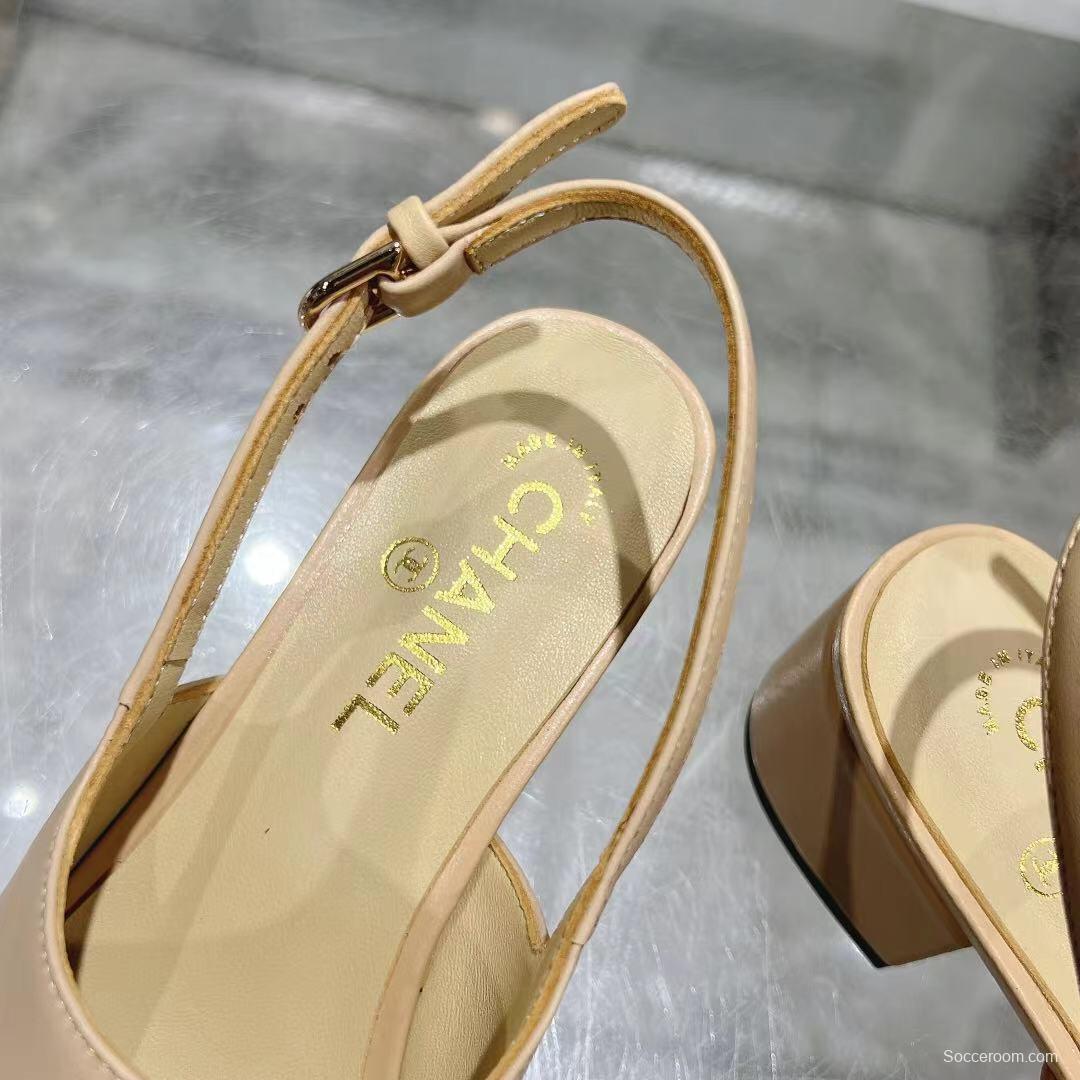 2025 Women Chanel Beige Black Leather Slingback Block Heel LY00300
