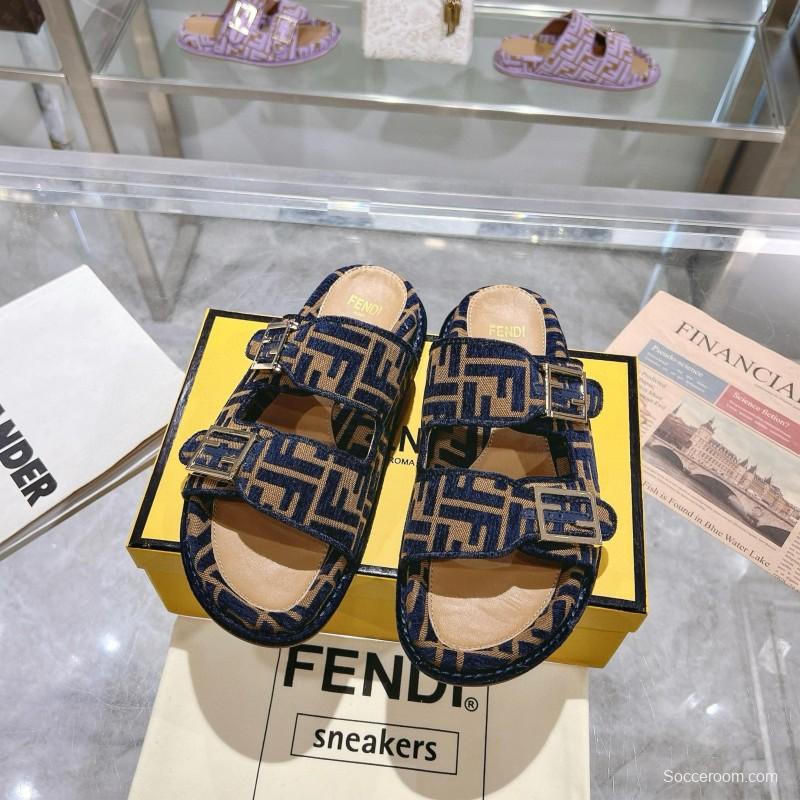 2025 Slippers Fendi Blue Brown Jacquard FF Pattern MJ00230