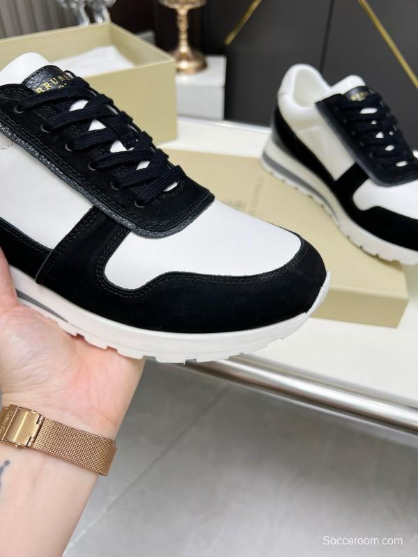 2024 Unisex Brunello Cucinelli Black White Suede Calfskin Leather Sneakers MJ00360