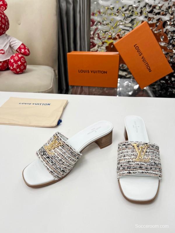 2025 Women Louis Vuitton White Brown Tweed Leather Sandals LY00220