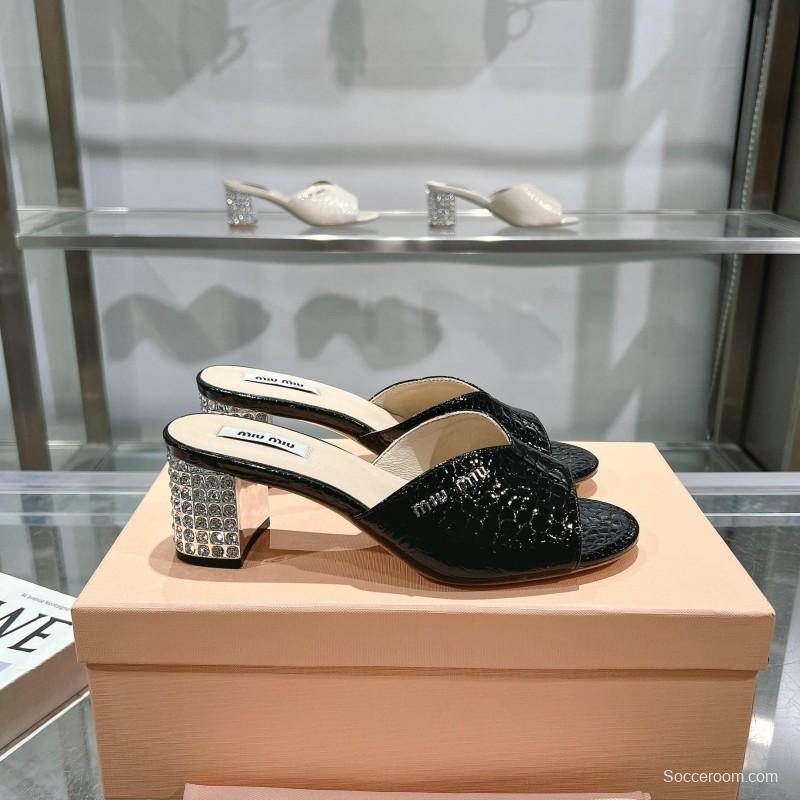 2025 Women Miu Miu Black Patent Leather Heeled Sandals