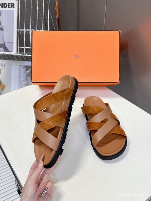 2025 Slippers Hermès Brown Suede Leather Slippers