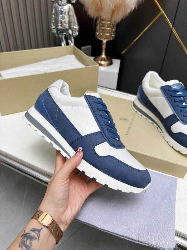 2024 Men Brunello Cucinelli Blue White Suede Calfskin Sneakers MJ00360
