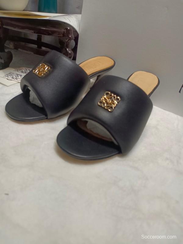 2025 Women Loewe Black Leather Slippers