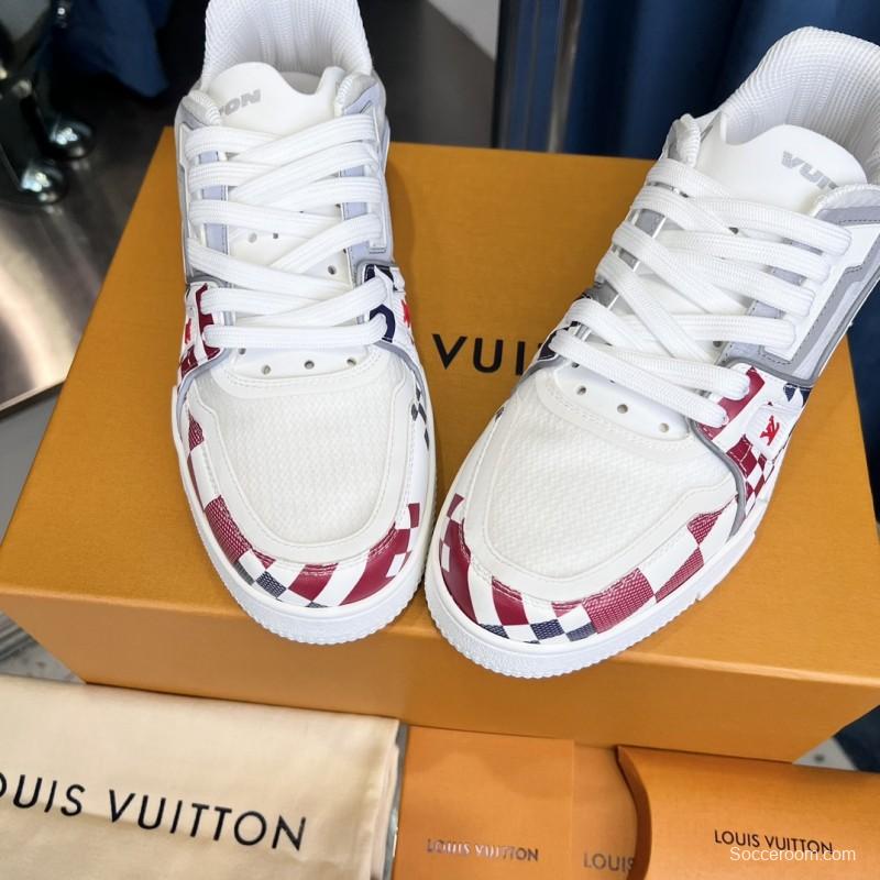 2025 Unisex Louis Vuitton White Red Blue Leather LV Trainer