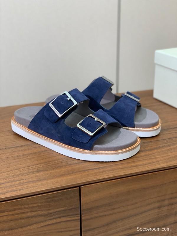 2025 Unisex Brunello Cucinelli Blue Suede Leather Slippers KFY00250