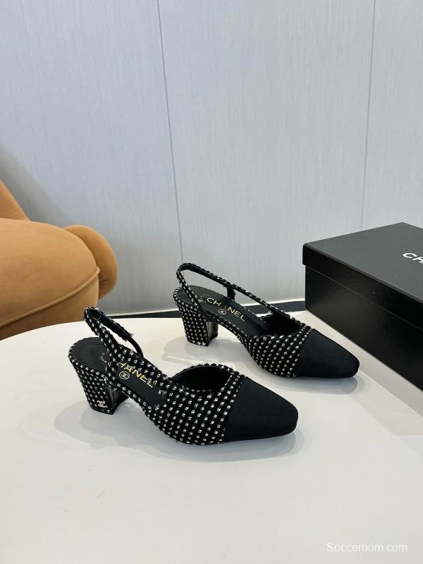 2025 Women Chanel Black White Fabric Slingback Heels LY00240
