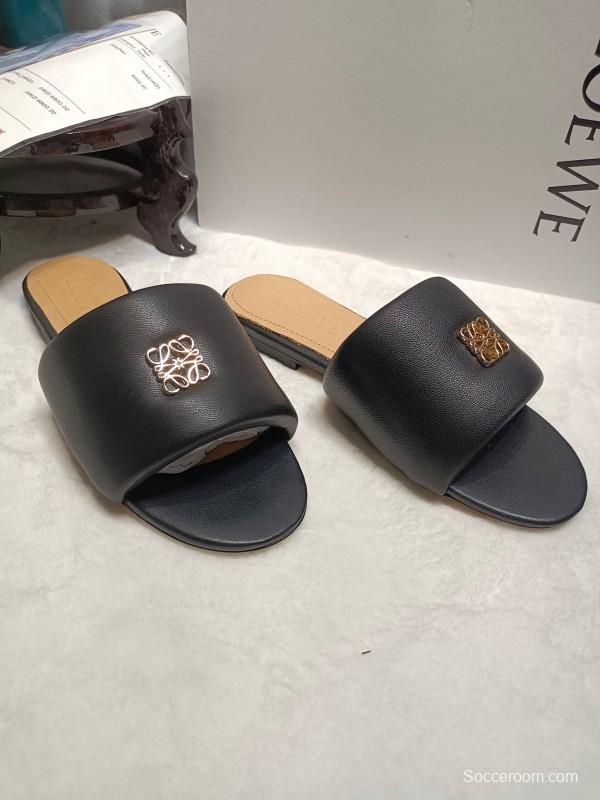 2025 Women Loewe Black Leather Slippers LY00000