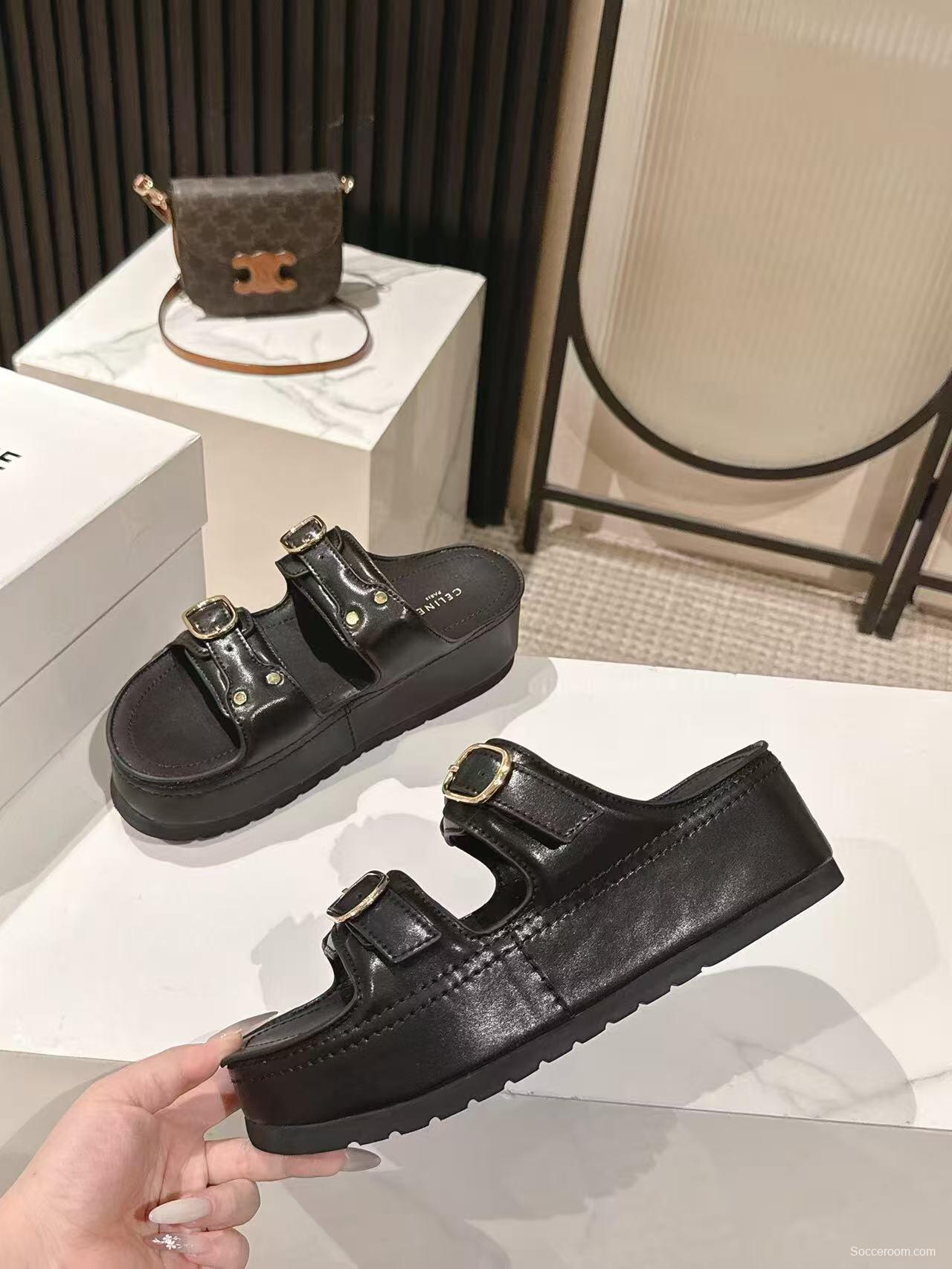 2025 Women Celine Black Leather Platform Slide Sandals LY00300