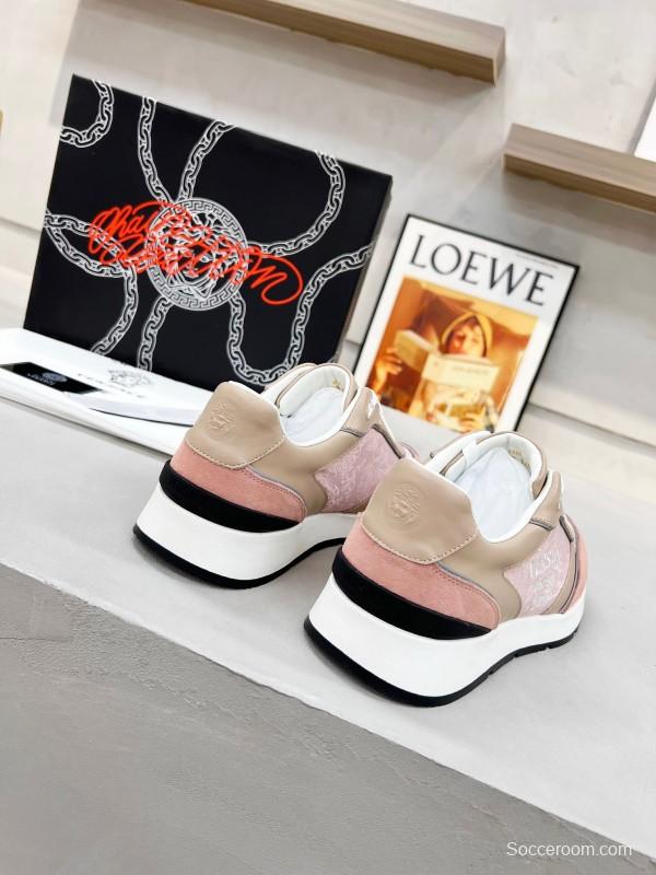 2025 Women VERSACE Pink Beige Suede Leather Sneakers Embroidery LY00320