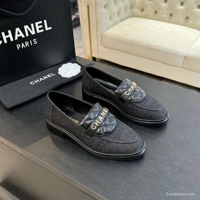 2025 Women Chanel Black Leather Canvas Loafers KFY00310