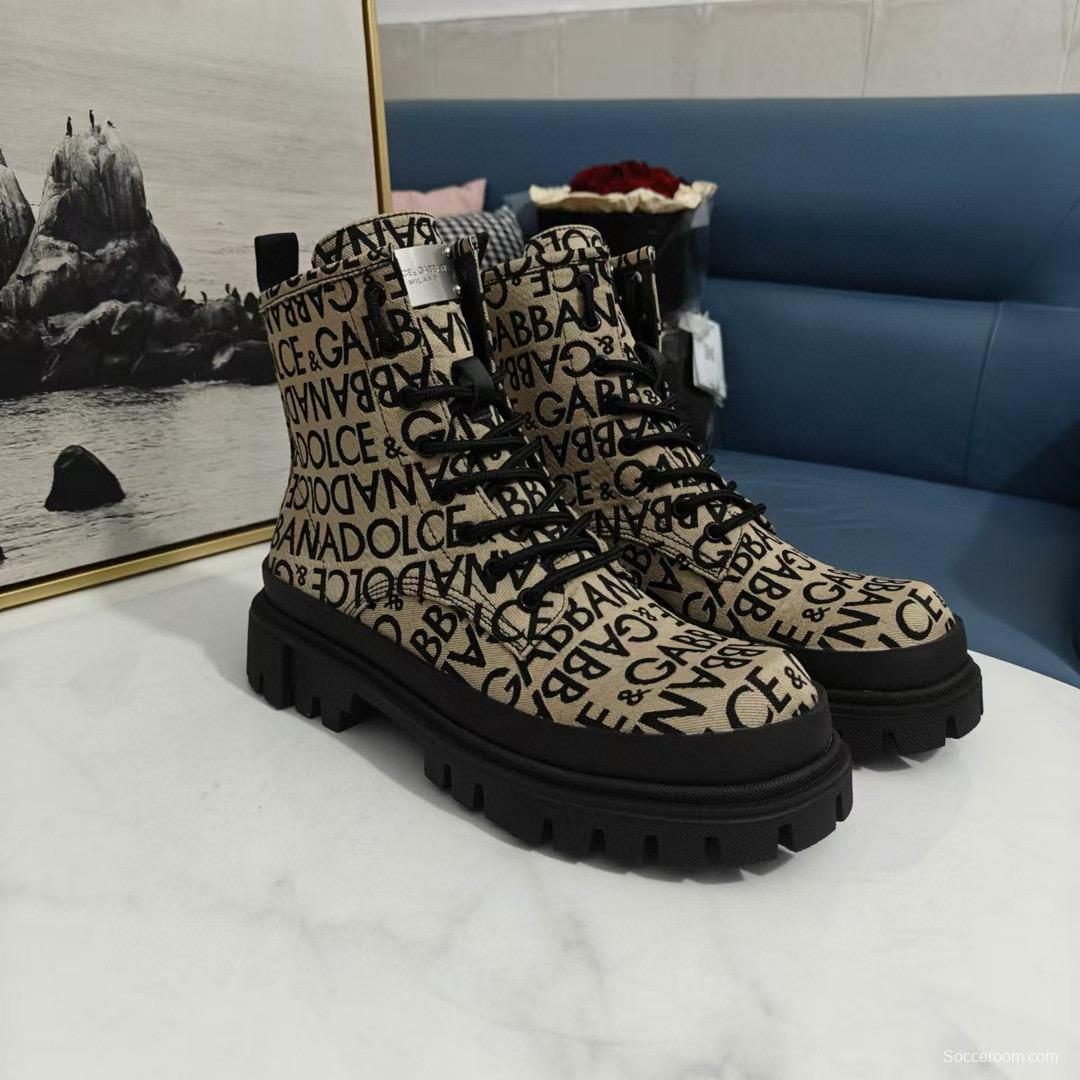 2024 Unisex Dolce & Gabbana Beige Black Leather Platform Boots MJ00360