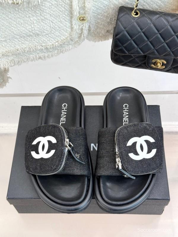 2025 CHANEL Black Fabric Slippers KFY00220