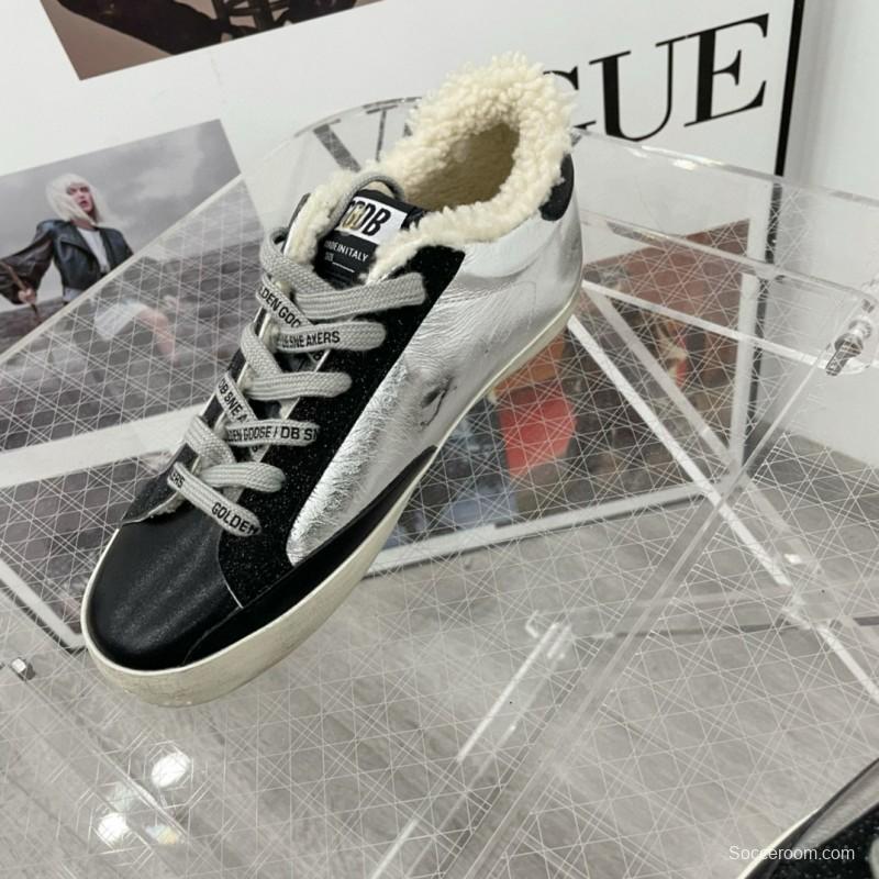 2025 Women GGDB Silver Black Leather Shearling Sneakers