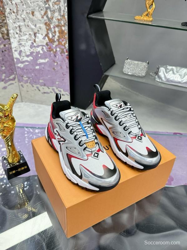 2025 Men Louis Vuitton White Red Black Leather Mesh Sneakers MJ00420