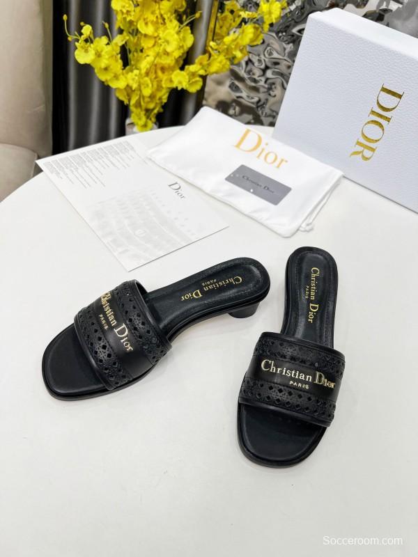 2025 Women Dior Black Leather Slippers LY00250