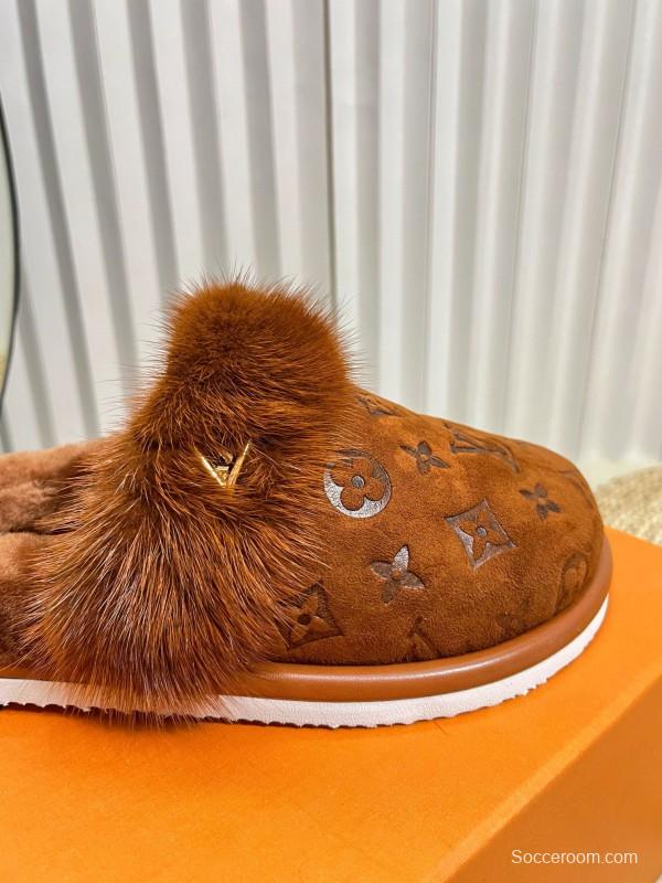 2024 Slippers Louis Vuitton Brown Suede Shearling Slippers MJ00340