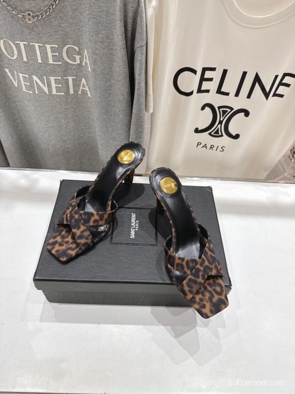 2025 Women Yves Saint Laurent Leopard Print Leather High Heel Sandals