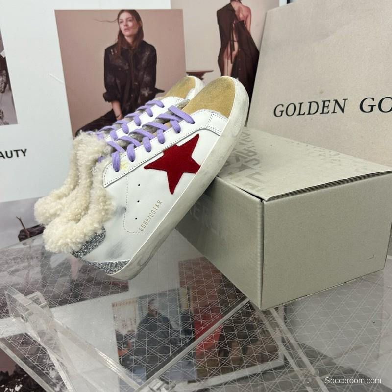 2025 Women GGDB White Red Shearling Leather Sneakers