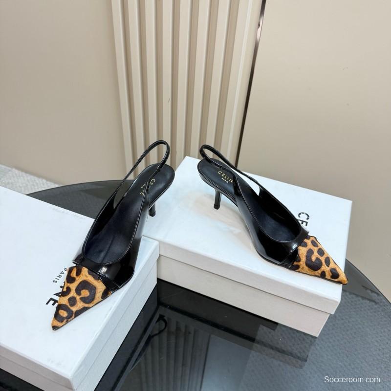 2025 Women CELINE Black Leopard Print Patent Leather Slingback Pumps