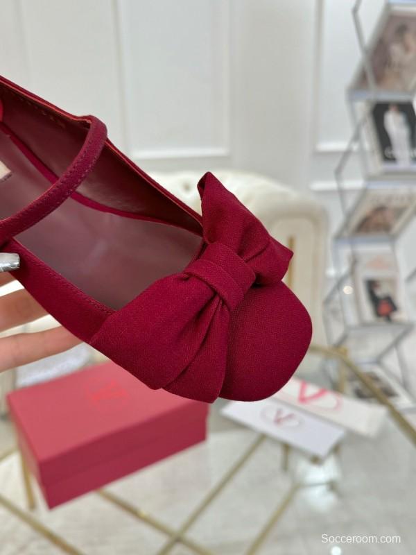 2025 Women Valentino Red Fabric Mary Jane Bow Flat LY00300