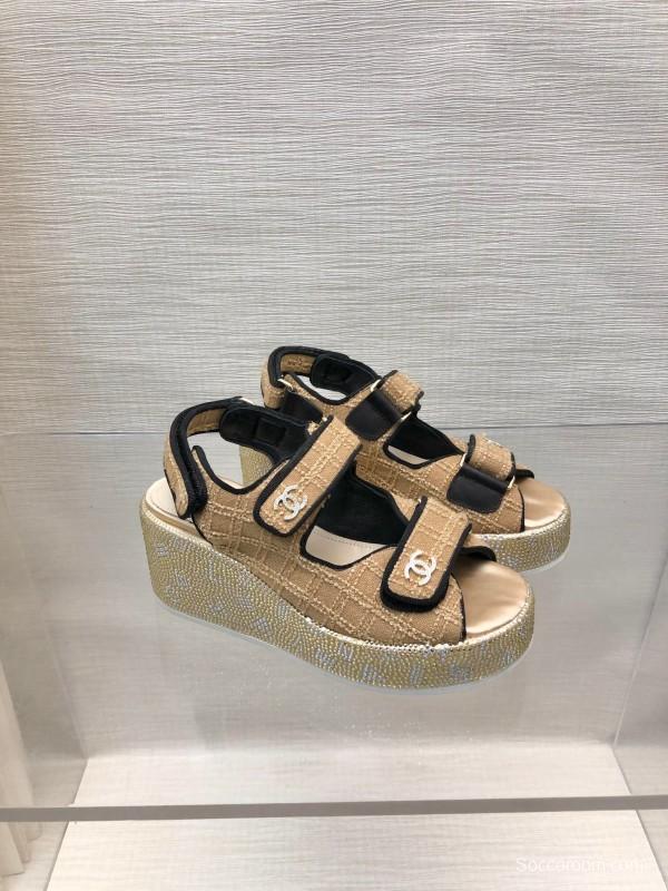 2025 Women Chanel Beige Black Leather Sandals Platform Thick Sole LY00330