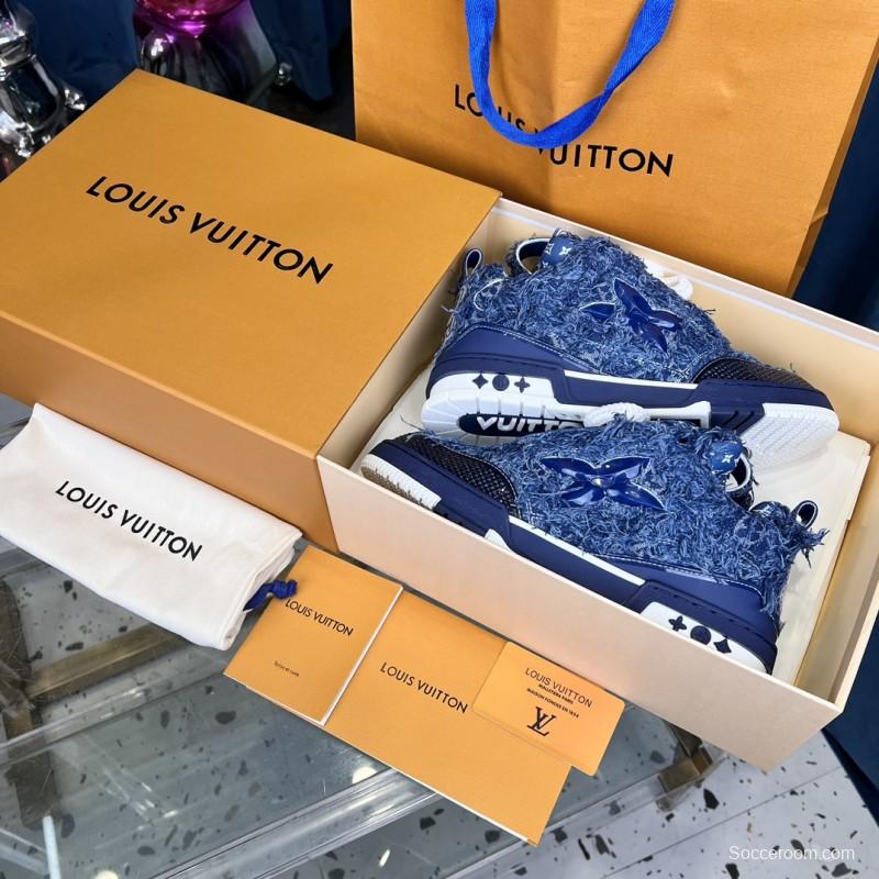 2025 Unisex Louis Vuitton Blue Denim Leather LV Trainer