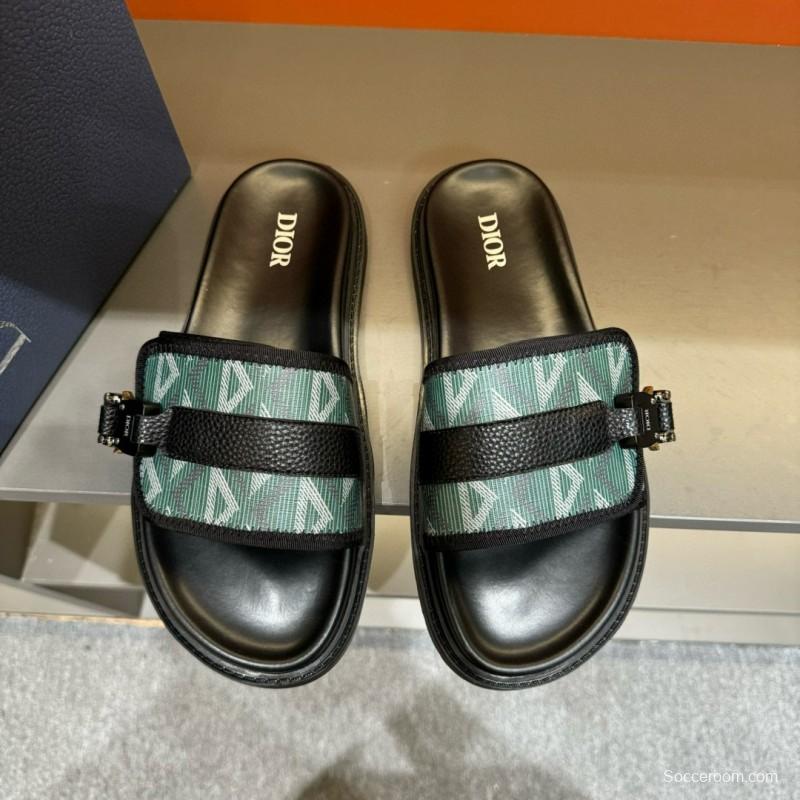 2024 Slippers Dior Green Black Leather Fabric Slippers