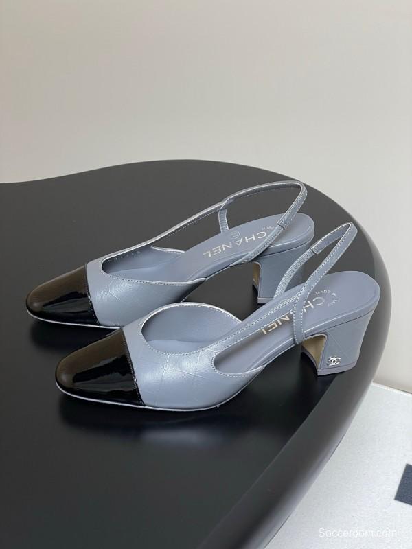 2025 Women Chanel Grey Black Leather Sling-back Heel