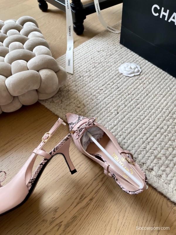 2025 Women Chanel Pink Python Leather Bow High Heels KFY00320