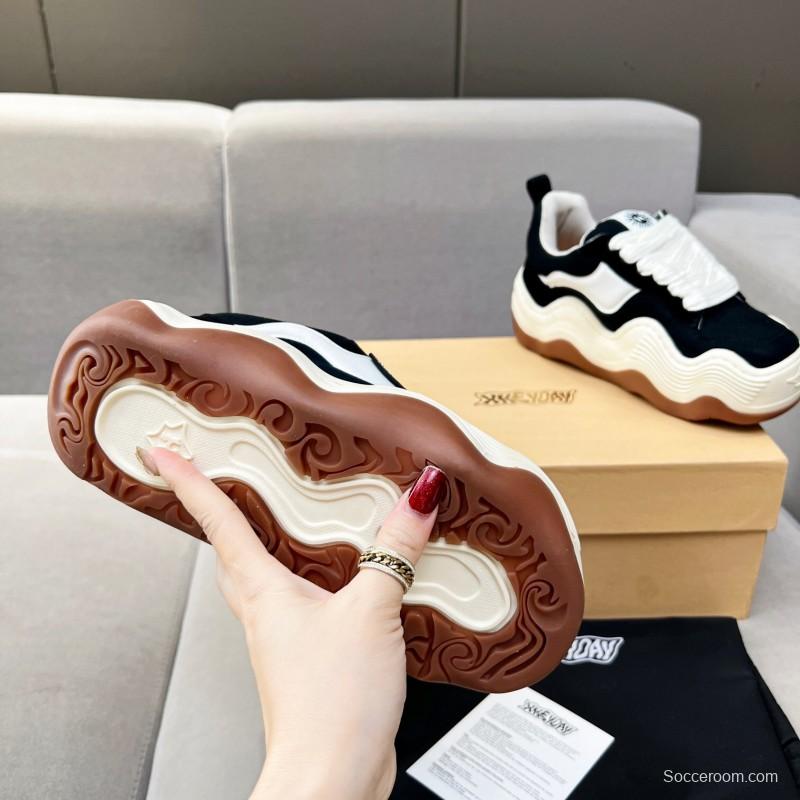 2025 Unisex HEYDAY Black White Canvas Suede Wave Pattern Sneakers KFY00260