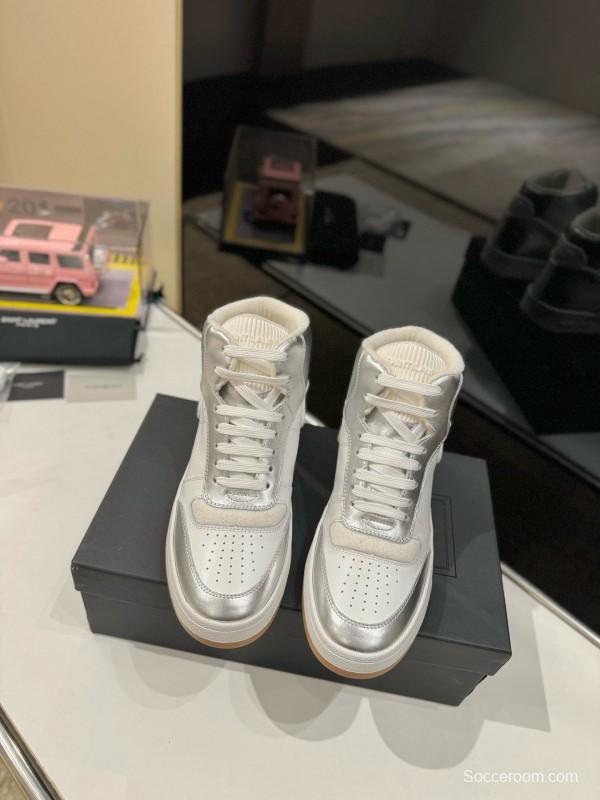 2024 Unisex Yves Saint Laurent White Silver Leather High Top Sneakers MJ00390