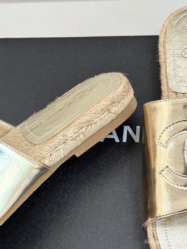 2025 Women Chanel Gold Leather Slippers
