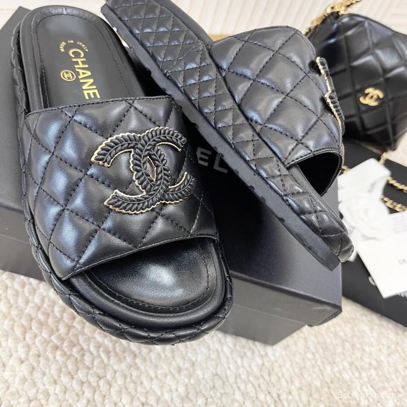 2025 Chanel Black Leather Slippers CC Stitching KFY00290