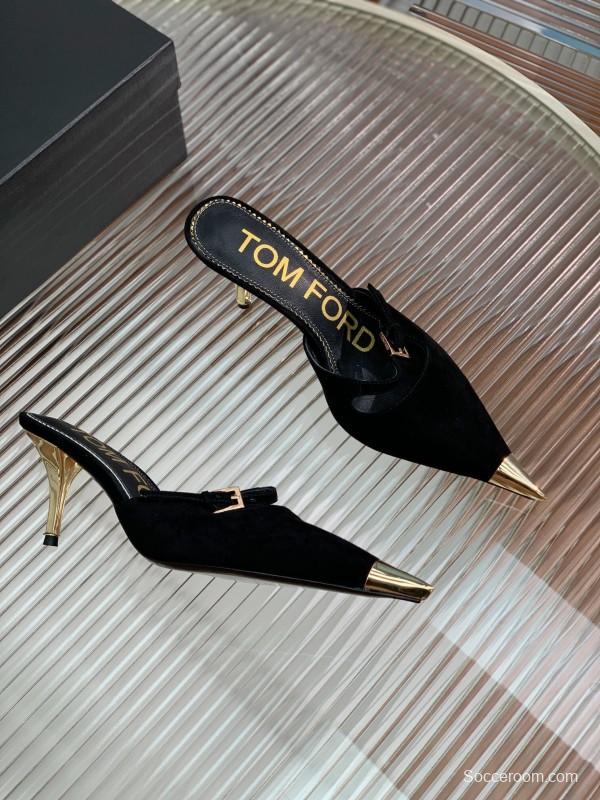 2025 Women TOM FORD Black Suede Leather Pointed Toe Metal Tip Mules