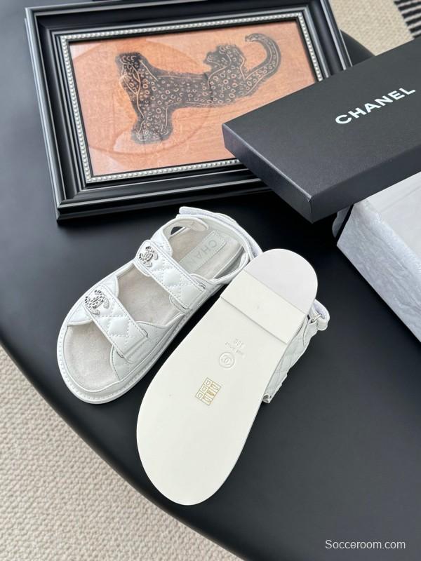 2025 Women Chanel White Leather Sandals LY00320