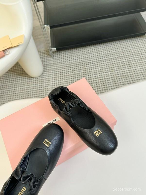 2025 Women Miu Miu Black Leather Ballet Flats