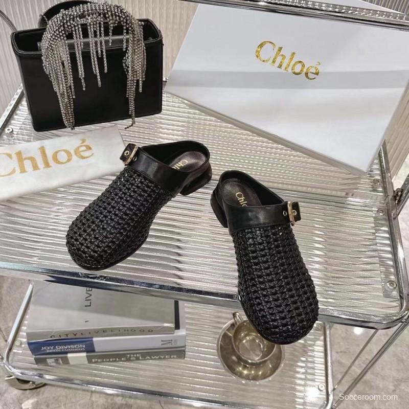 2025 Women Chloé Black Leather Woven Slippers