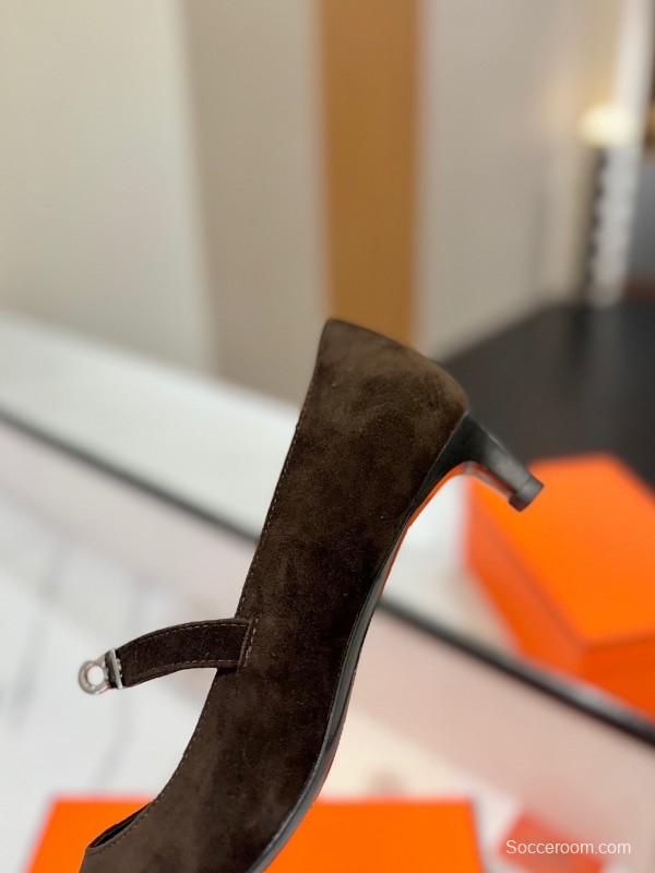 2025 Women Hermès Black Suede Mary Jane Shoes KFY00330