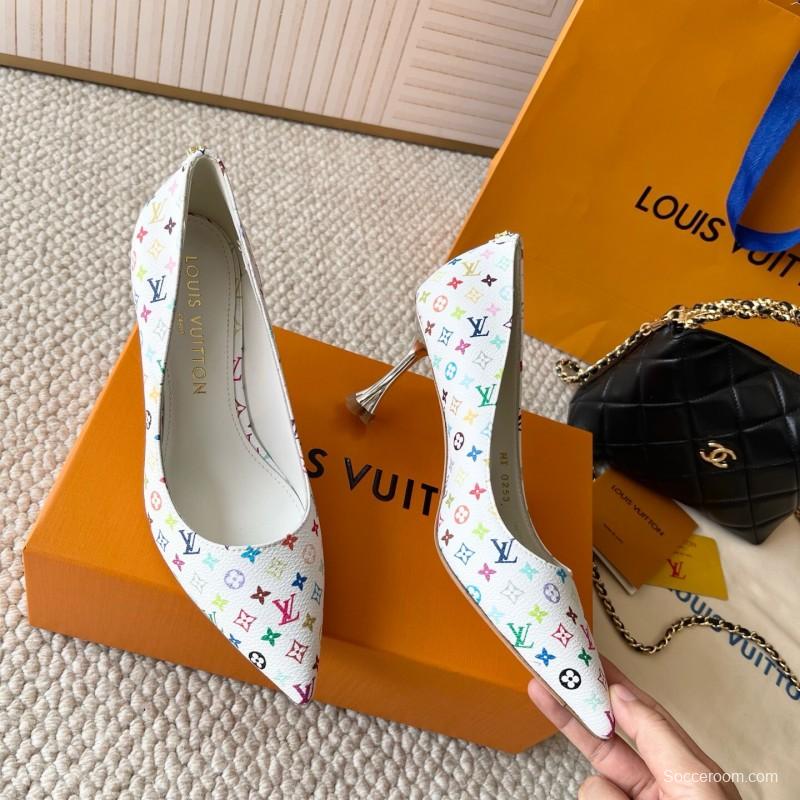 2025 Women Louis Vuitton White Multicolor Leather High Heel Shoes