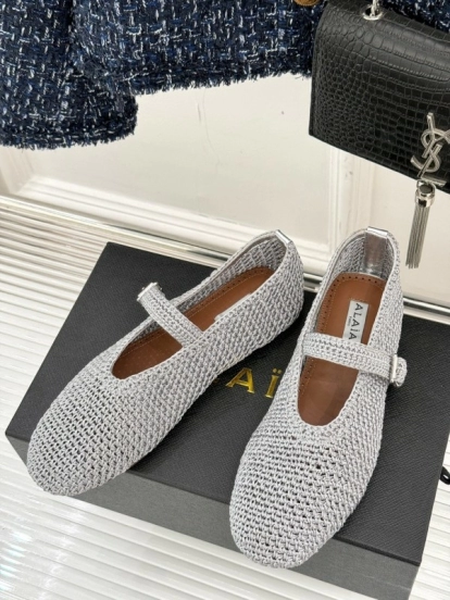 2025 Women AlAIA White Grey Knit Mary Jane Ballet Flat