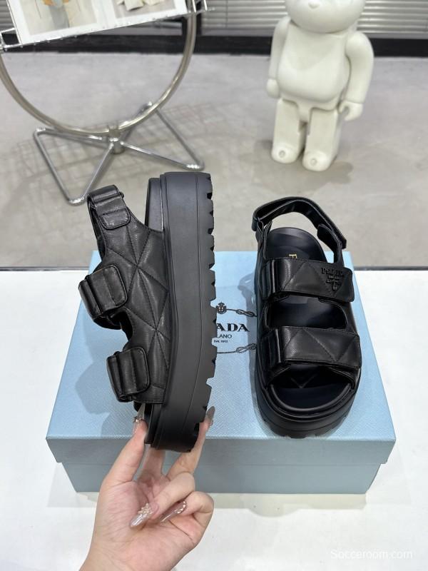 2025 Women Prada Black Leather Sandals