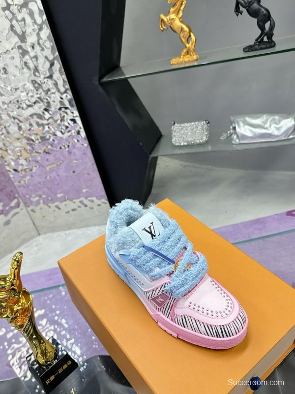 2024 Unisex Louis Vuitton Blue Pink Leather Sneakers